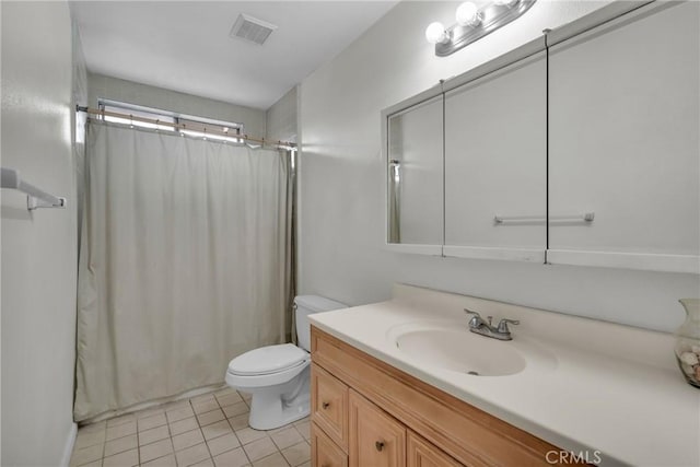 bathroom featuring vanity, tile patterned floors, toilet, and a shower with shower curtain