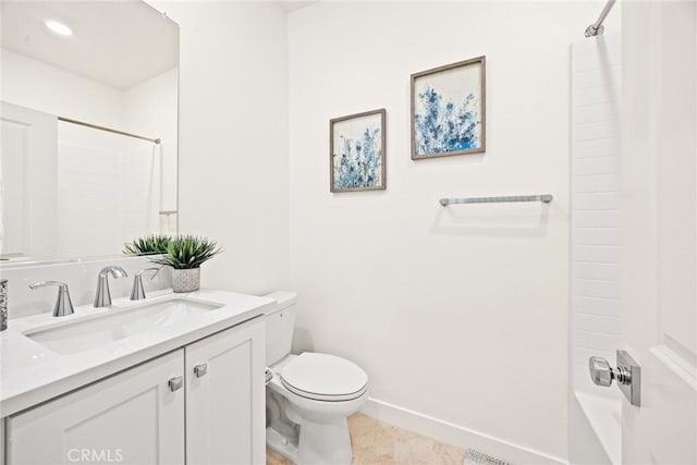 full bath with vanity, baseboards, bathtub / shower combination, tile patterned floors, and toilet