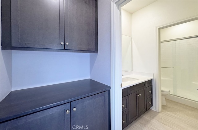 bathroom featuring toilet, vanity, wood-type flooring, and a shower