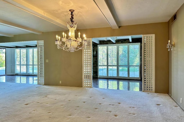 unfurnished room featuring carpet floors, beamed ceiling, and an inviting chandelier