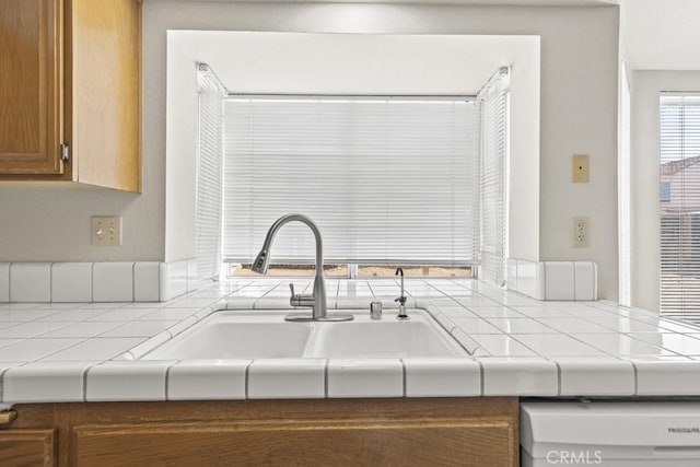 details with sink, tile countertops, and dishwashing machine