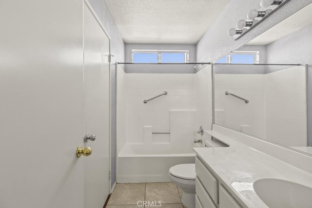 full bathroom featuring shower / washtub combination, tile patterned flooring, vanity, toilet, and a textured ceiling