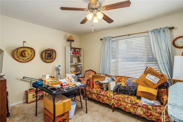 carpeted office with ceiling fan