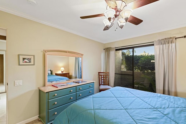 bedroom with ceiling fan and access to outside