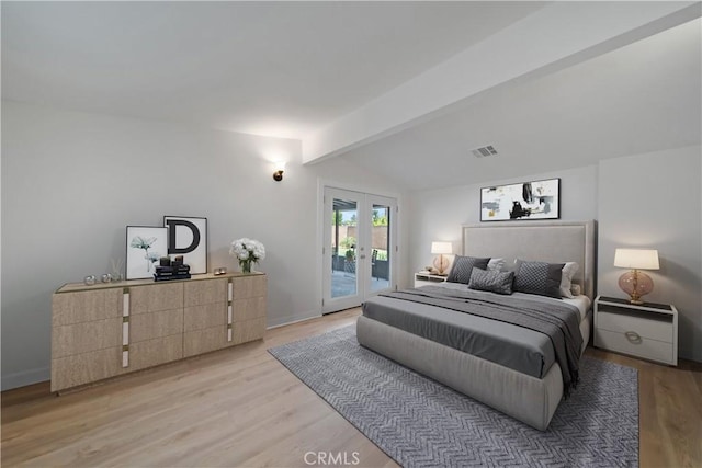 bedroom with light hardwood / wood-style floors, access to exterior, lofted ceiling with beams, and french doors