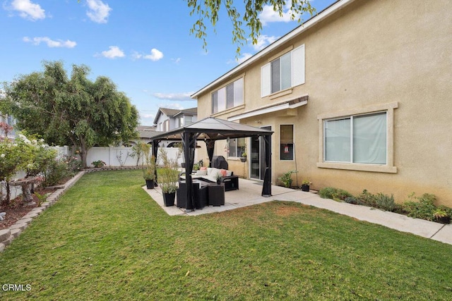 exterior space featuring a lawn, a gazebo, a patio area, and outdoor lounge area