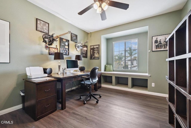 office area with ceiling fan and dark wood-type flooring