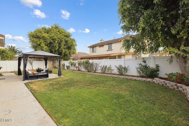 view of yard with a gazebo, a patio area, and an outdoor living space