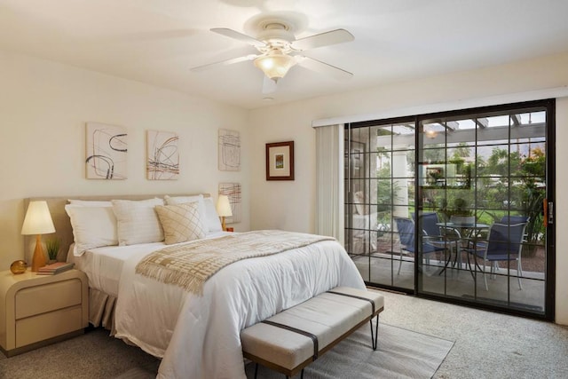 bedroom featuring access to outside, ceiling fan, and carpet