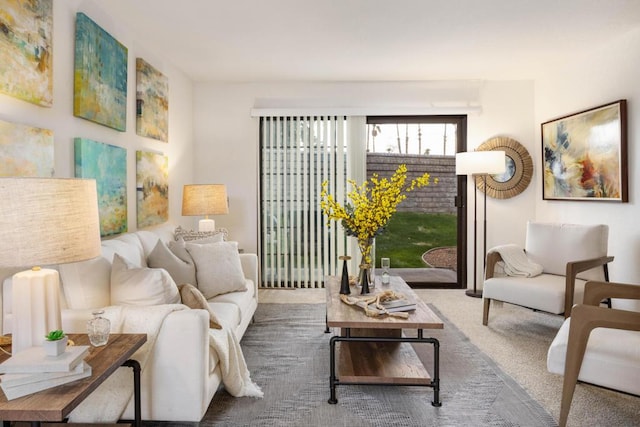 living area featuring carpet flooring