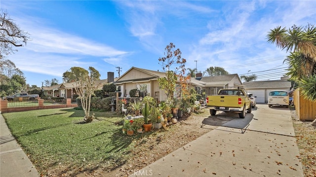 ranch-style house with a front yard and a garage