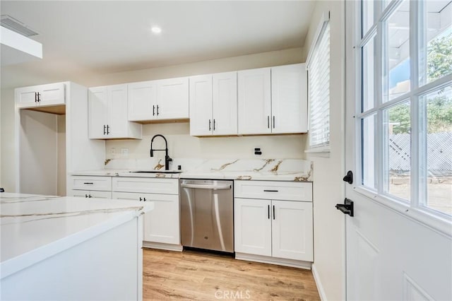 kitchen featuring visible vents, white cabinets, dishwasher, and a sink