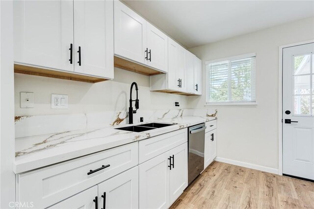 kitchen featuring stainless steel dishwasher, sink, light hardwood / wood-style flooring, and white cabinets