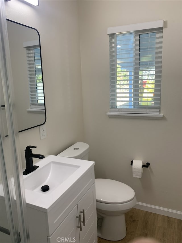 bathroom with vanity, toilet, and wood-type flooring