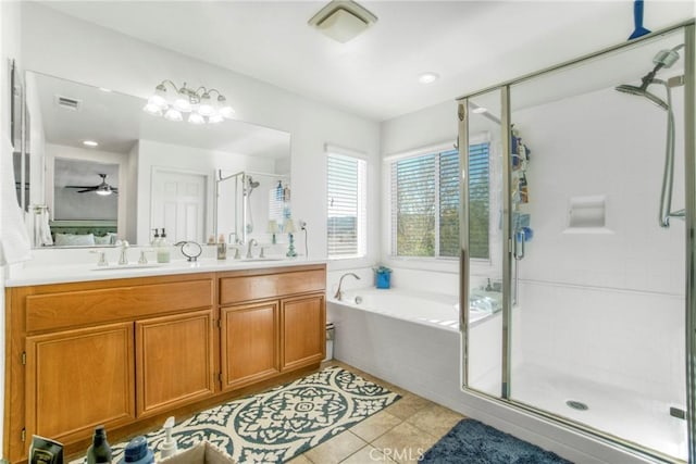 bathroom with ceiling fan, tile patterned floors, vanity, and separate shower and tub