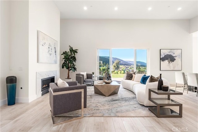 living room featuring light wood-type flooring, a premium fireplace, and a mountain view