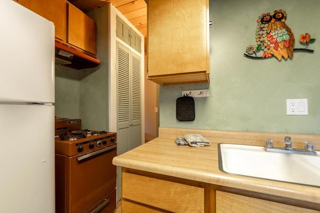 kitchen featuring stove, sink, white fridge, and range hood