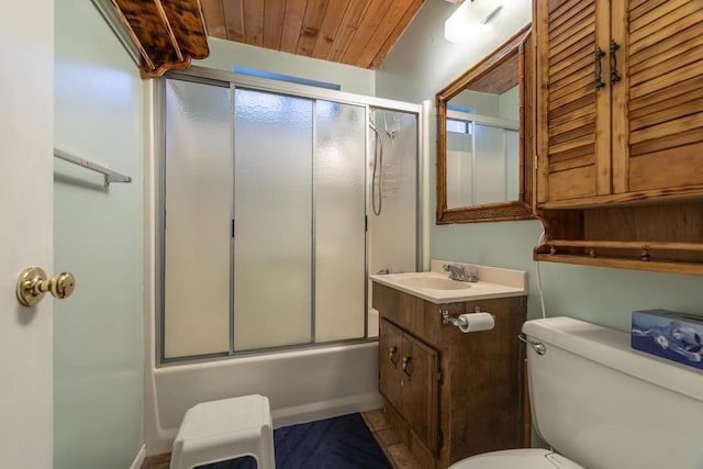 full bathroom with toilet, wooden ceiling, enclosed tub / shower combo, and vanity