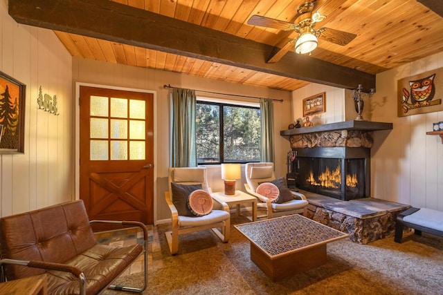 sitting room with beam ceiling, wooden walls, and a stone fireplace