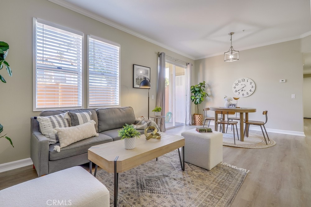 living room with ornamental molding and hardwood / wood-style flooring