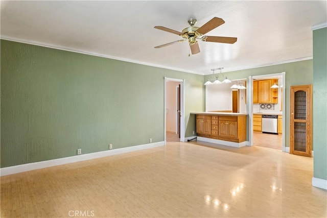 unfurnished living room with ceiling fan, ornamental molding, and light wood-type flooring