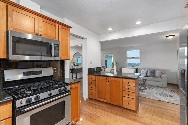 kitchen featuring stainless steel appliances, dark stone countertops, light hardwood / wood-style flooring, and backsplash