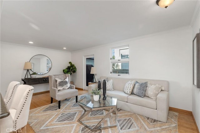 living room featuring crown molding and light hardwood / wood-style flooring