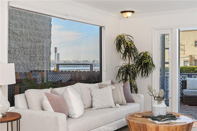 living room featuring a water view and ornamental molding