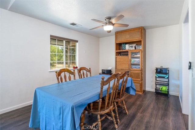 dining room with ceiling fan and dark hardwood / wood-style flooring