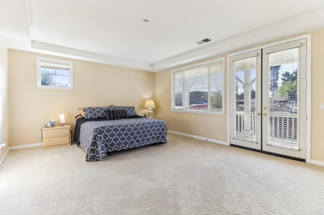 carpeted bedroom featuring access to exterior and a tray ceiling