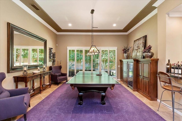 playroom featuring crown molding, plenty of natural light, light tile patterned flooring, and billiards