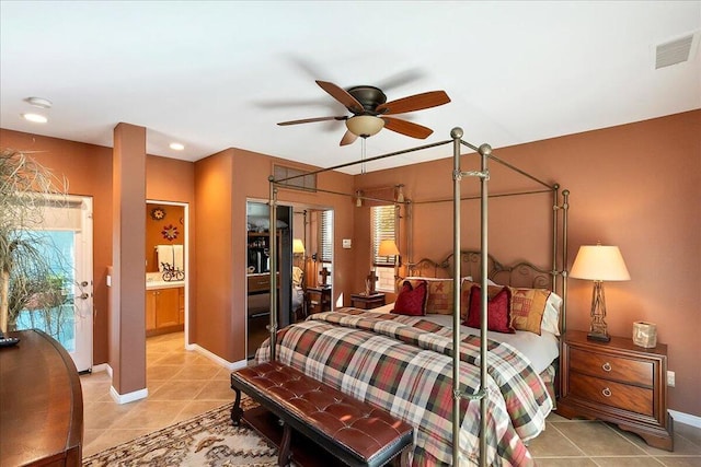 tiled bedroom with ceiling fan