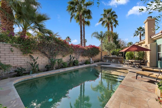 view of swimming pool featuring a patio area and an outdoor bar