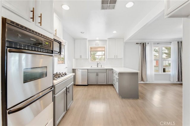 kitchen featuring gray cabinets, appliances with stainless steel finishes, backsplash, light hardwood / wood-style flooring, and sink