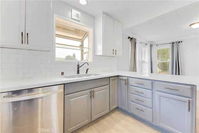 kitchen with dishwasher, white cabinetry, decorative backsplash, sink, and gray cabinetry