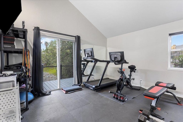 exercise area with lofted ceiling