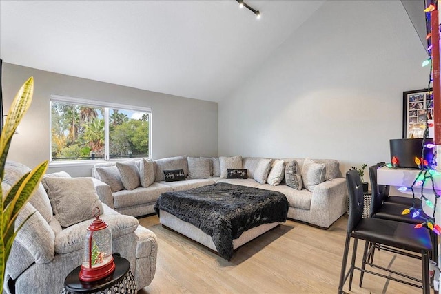 living room featuring high vaulted ceiling and light hardwood / wood-style floors