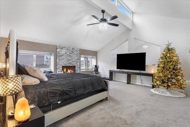 bedroom with ceiling fan, high vaulted ceiling, carpet flooring, a fireplace, and beamed ceiling