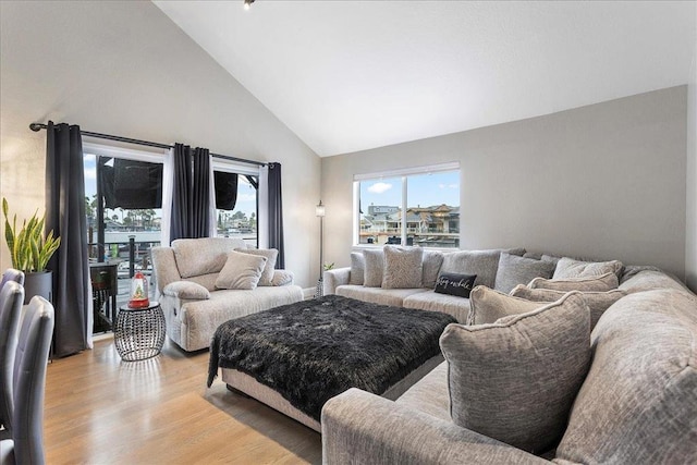 living room featuring a wealth of natural light, high vaulted ceiling, and light wood-type flooring