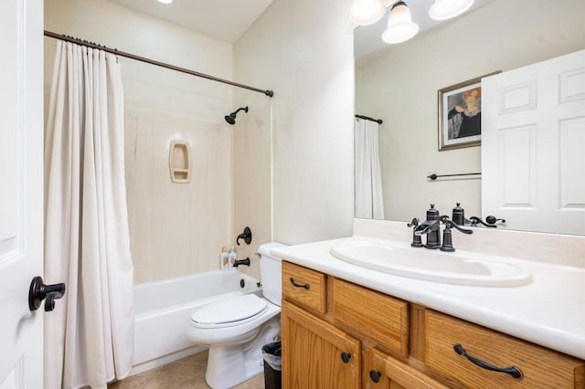 full bathroom with toilet, vanity, tile patterned floors, and shower / bath combination with curtain