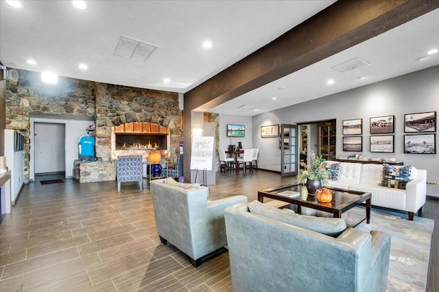 living room with a fireplace