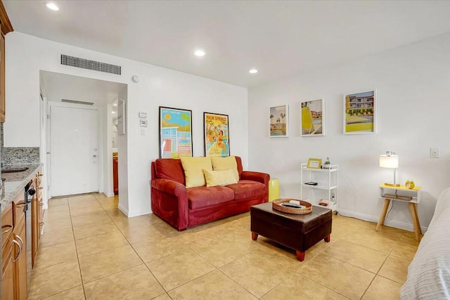 living room featuring light tile patterned floors