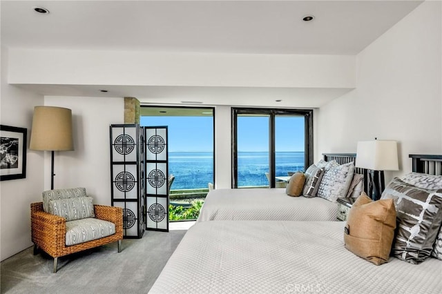 carpeted bedroom featuring a water view