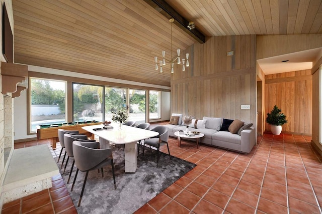 interior space with wooden ceiling, pool table, tile patterned floors, and wood walls