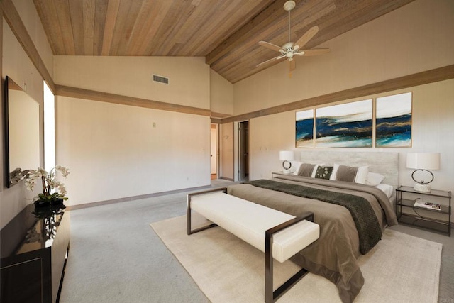 bedroom featuring wood ceiling, high vaulted ceiling, ceiling fan, and carpet