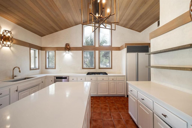 kitchen featuring high vaulted ceiling, pendant lighting, white cabinets, and wood ceiling