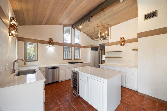 kitchen featuring pendant lighting, sink, dishwasher, white cabinets, and a kitchen island