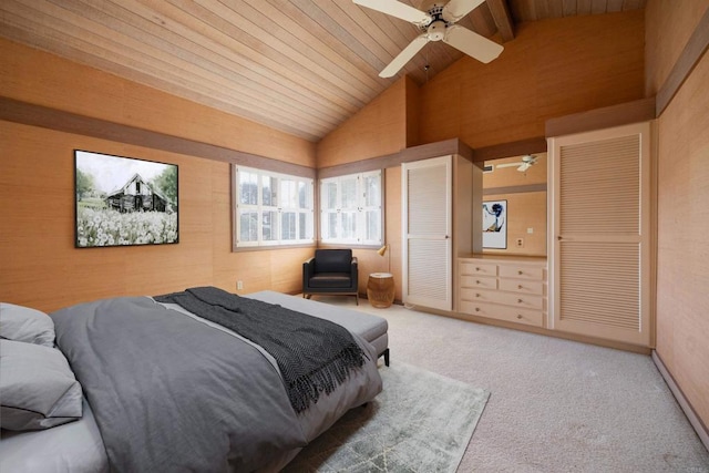 carpeted bedroom featuring wood ceiling, beamed ceiling, high vaulted ceiling, and ceiling fan