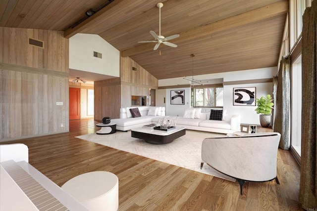 living room featuring light wood-type flooring, wooden walls, wooden ceiling, and high vaulted ceiling