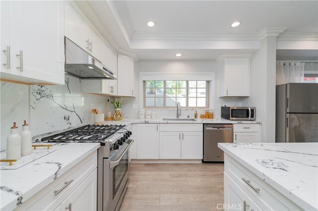 kitchen featuring stainless steel appliances, light stone countertops, sink, and white cabinets